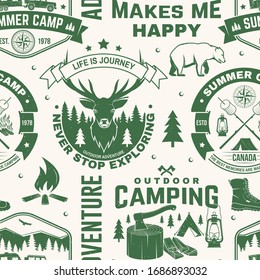 Set of outdoor adventure seamless pattern, background. Vector. Seamless camping pattern with hiking boots, camping tent, lantern, axe, mountains, bear, deer, forest silhouette. Camping texture