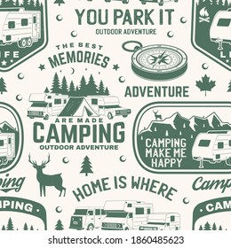 Set of outdoor adventure seamless pattern, background. Vector illustration. Seamless camping pattern with RV Motorhome, camping trailer, compass and off-road car silhouette. Camping texture