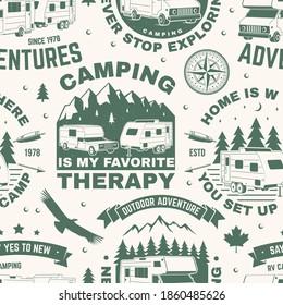 Set of outdoor adventure seamless pattern, background. Vector illustration. Seamless camping pattern with RV Motorhome, camping trailer, compass and off-road car silhouette. Camping texture