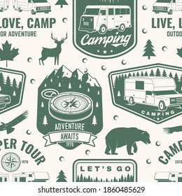 Set of outdoor adventure seamless pattern, background. Vector illustration. Seamless camping pattern with RV Motorhome, camping trailer, compass and off-road car silhouette. Camping texture