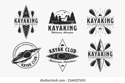 Set of Outdoor adventure sport travel kayaking logo, paddle and kayak boat vector logo on white background
