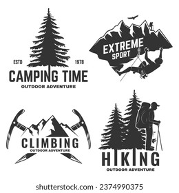 Set of outdoor adventure sticker. Vector illustration. Concept for shirt or logo, print, stamp, patch or tee. Vintage typography design with forest pine tree, hiker, climber and mountain silhouette