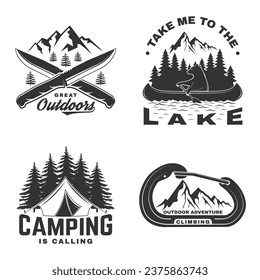 Set of outdoor adventure sticker. Vector illustration. Vintage typography design with forest pine tree, camping knives, climber, bear in canoe, lake and mountain silhouette