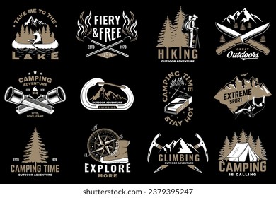 Set of outdoor adventure sticker. Vector illustration. Concept for shirt or logo, print, stamp, patch or tee. Vintage typography design with forest pine tree, hiker, climber and mountain silhouette