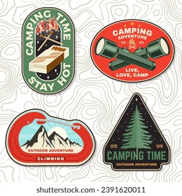 Set of outdoor adventure sticker. Vector. Vintage typography design with camping flashlight, forest pine tree, climber, matches box, matches stick and mountain silhouette