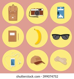 Set of outdoor adventure, tracking or walking tour backpack content and items. Sightseeing and exploring vector set. Minimal flat vector illustration. Icons set
