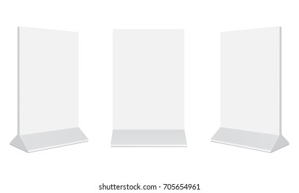 Set of outdoor advertising stand banners. Blank vertical poster isolated on white background. Display your design on this mockups in different positions. Vector illustration