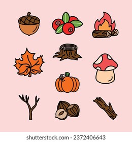Set of Outdoor Autumn Cute Flat Line Illustration