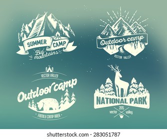 Set outdoor camp typography design label on on blurred background