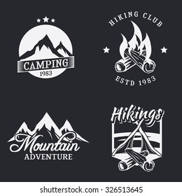 Set of outdoor camping icons. Mountain adventure badge. Hiking labels and emblems. Campfire sign. Vector illustration.