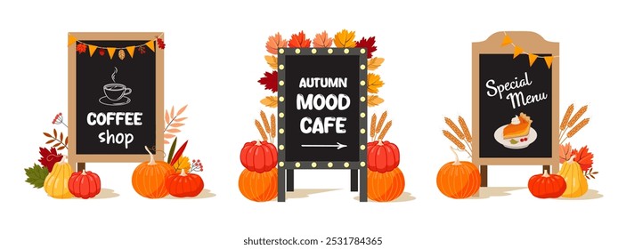 Set of outdoor chalkboard menu black boards with festive autumn decor of pumpkins, ears, leaves. Vector illustration.