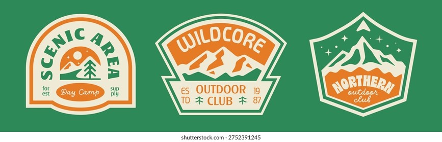 Set of outdoor club badges, patchs, labels, logos collection. Wild scenic mountain design outdoor adventure.