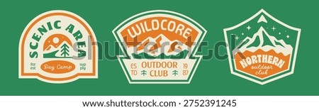 Set of outdoor club badges, patchs, labels, logos collection. Wild scenic mountain design outdoor adventure.