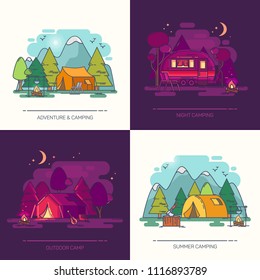 Set of outdoor day or night view on camp in forest