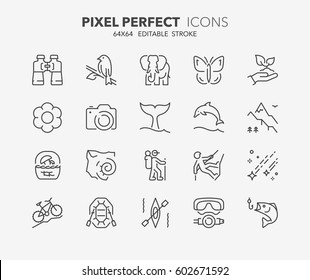 Set of outdoor and ecotourism activities, thin line icons. Contains icons as fauna and flora observation, national parks, sport fishing and more. Editable vector stroke. 64x64 Pixel Perfect.