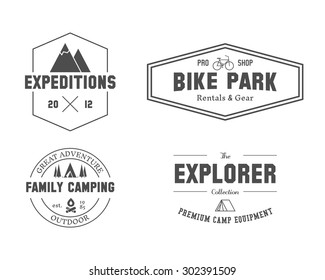 Set of outdoor explorer, family camp badge, logo and label templates. Travel, hiking, biking style. Outdoor. Best for adventure sites, magazine. Isolated on white background. Vector.