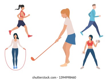 Set of outdoor fitness activities. Men and women playing golf, jumping rope, lifting weight and running. Sport concept. Vector illustration can be used for topics like hobby or sporty people