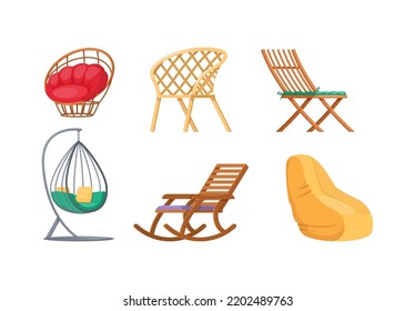 Set of outdoor furniture for garden, home or terrace. Armchair, wooden lounger deckchair, rocking and cocoon swing chair. Modern furniture for relaxation cartoon vector