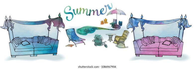 A set of outdoor furniture for summer and recreation for the garden, a sofa with a canopy, a chaise longue, an umbrella and a pond, in a vector with watercolor stains