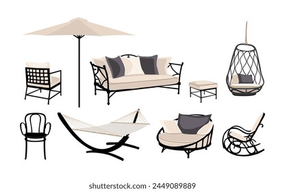 Conjunto de exterior, jardín, patio muebles Vector.