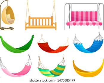 Set of outdoor garden swings and fabric hammocks. Vector illustration on white background.