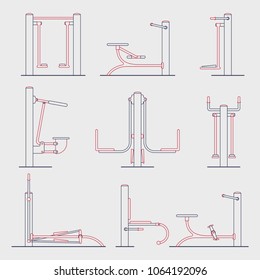 Set of outdoor gym machine. Workout place or park constructor. Line art style. Fitness street equipment. Sport playground.