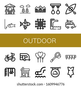 Set of outdoor icons. Such as Hut, Fishing, Forest, Hotel de glace, Net, Irrigation system, Trampoline, Kayak, Caravan, Bike, Monkey bars, Balloon, Waterpark, Signboard , outdoor icons