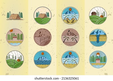 Set of Outdoor Logo Badge. Set of Cabin, cottage, mountain, beach, hill and waterfall logo template. Emblem vintage logo for shirts, stamps, stickers, pin and labels.