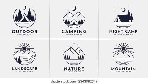 Set of outdoor logo design. Camping symbol with line and minimal style. Mountain adventure vector template