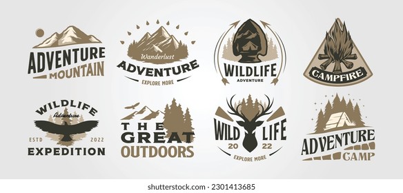 set of outdoor logo vector illustration design, adventure camp wild life collection design, vintage bundle label design