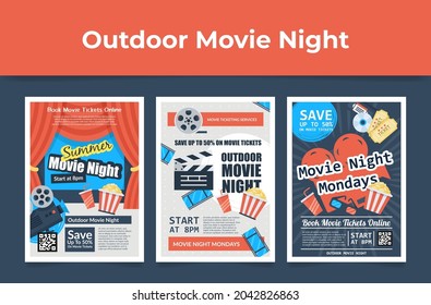 Set Outdoor Movie Night Poster Vector Flat Cartoon Illustration. Collection Open Air Cinema Promo Advertising Design With Film Strip And Popcorn. Entertainment Industry Sale, Discount, Save Template