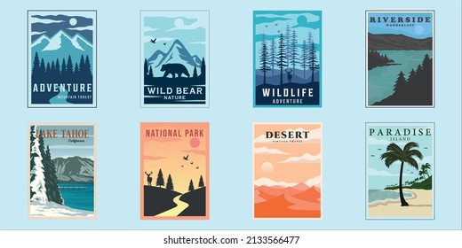 set of outdoor nature poster minimalist vintage vector illustration template graphic design. bundle collection of various national park concept at beach forest lake and wildlife svg