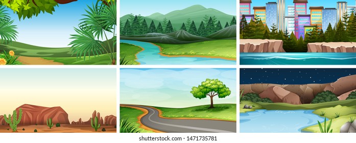 Set of outdoor nature scenes blank empty templates illustration