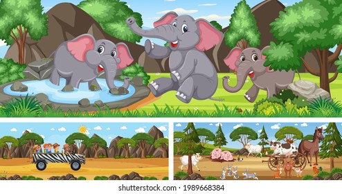 Set of outdoor panoramic landscape with cartoon character illustration