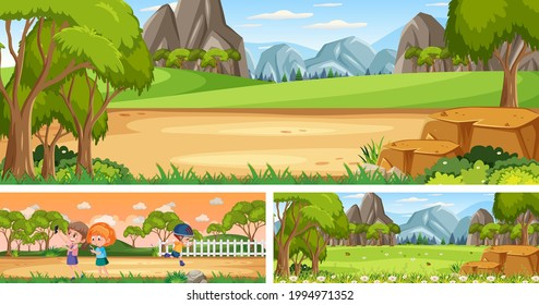 Set of outdoor panoramic landscape with cartoon character illustration