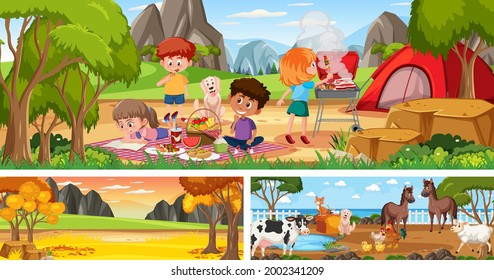 Set of outdoor panoramic landscape with cartoon character illustration