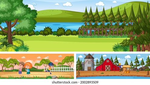 Set of outdoor panoramic landscape with cartoon character illustration