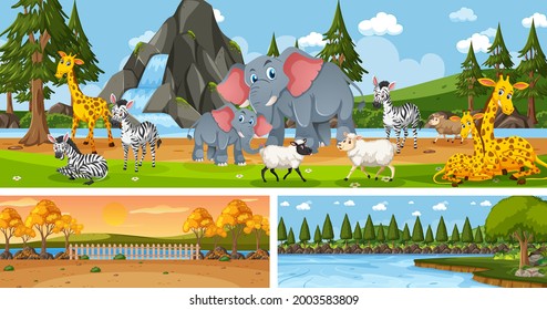 Set of outdoor panoramic landscape with cartoon character illustration