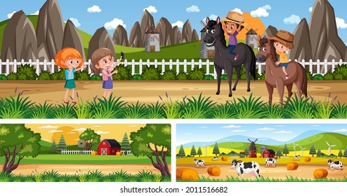 Set of outdoor panoramic landscape with cartoon character illustration