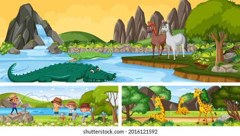 Set of outdoor panoramic landscape with cartoon character illustration