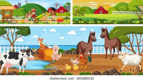 Set of outdoor panoramic landscape with cartoon character illustration