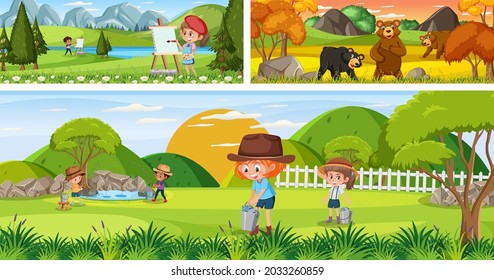 Set of outdoor panoramic landscape with cartoon character illustration