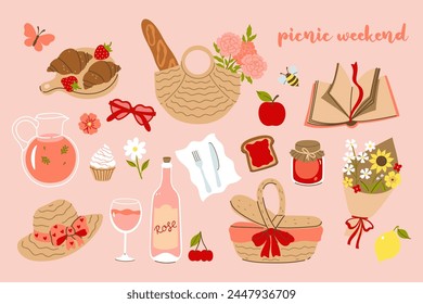 Un conjunto de artículos de picnic al aire libre. Vector gráfico