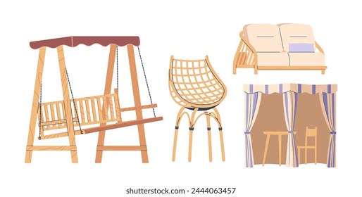 Set Of Outdoor, Picnic Zone Garden Furniture. Vector Cozy Bench Swing, Curtained Gazebo, Rattan Chair, Armchair And Sofa