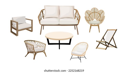 Set of Outdoor, porch zone, garden furniture illustrations. Realistic vector cozy garden yard, boho living room furniture - different rattan armchairs, coffee table, sofa isolated on white background.