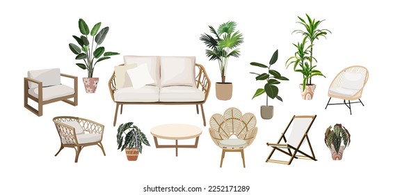 Set of Outdoor, porch zone, garden furniture with potted plants illustration. Realistic vector cozy garden yard, boho living room interior elements, rattan armchairs, coffee table, sofa, house plants.