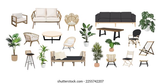 Set Outdoor  porch zone  garden furniture and potted plants illustration  Realistic vector cozy garden yard  boho living room interior elements  rattan armchairs  coffee table  sofa  house plants 