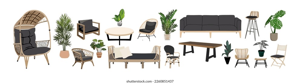 Set of Outdoor, porch zone, garden furniture illustration.