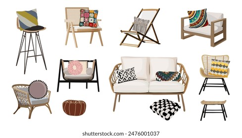 Conjunto de exterior, zona de porche, jardín, ilustración de muebles de patio. Interior, Elementos de diseño, sofá, sillones Vector colorido ilustración plana aislado sobre fondo blanco. Hecho a mano, no AI