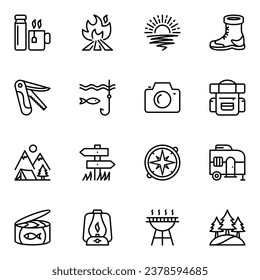 Set of Outdoor Related Vector Line Icons. lamp, map, route, outline, recreation, tool, fire, photo, shoe, kit, camper, hiking, picnic, tent, illustration, camp